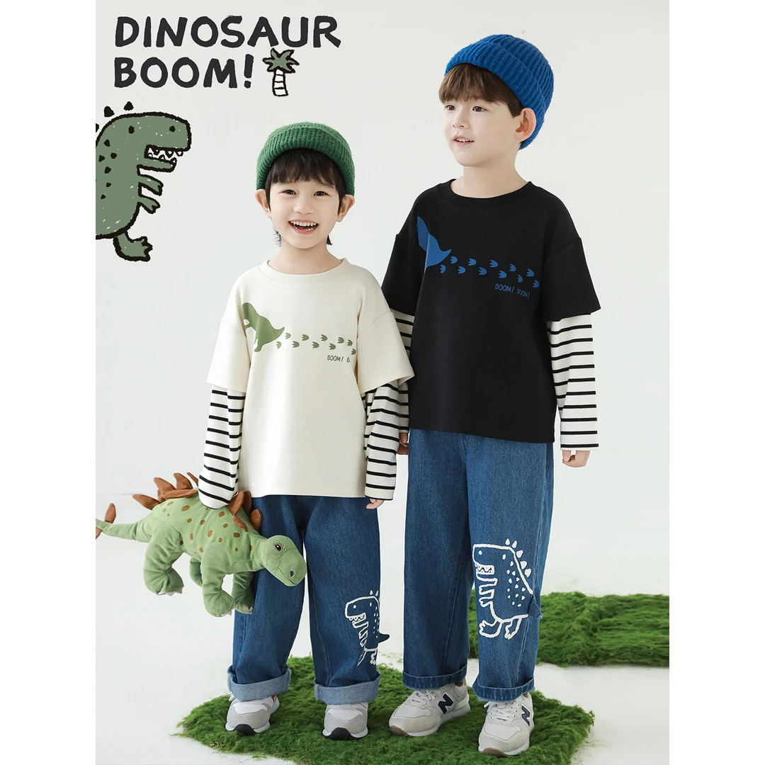 幼悠男童秋装恐龙印花假两件T恤打底衫潮酷痞帅童装儿童衣服N6708