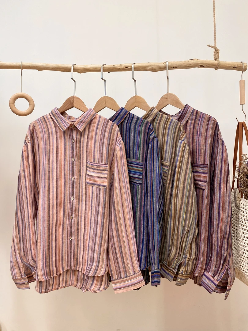 【汉麻色织竖条纹口袋长袖衬衫】4346