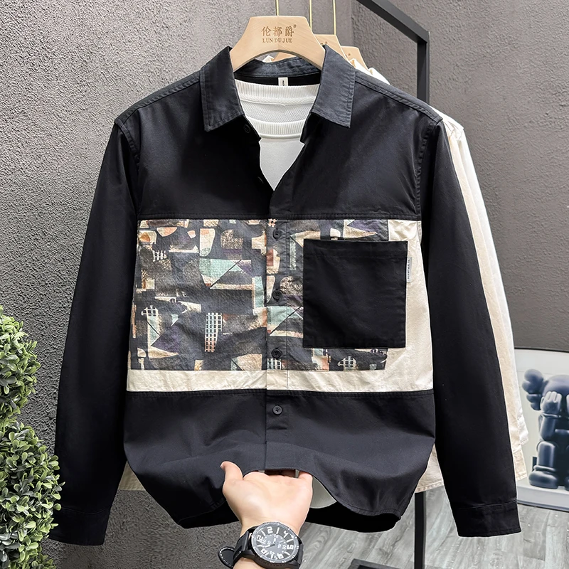 专柜品质艺术感撞色拼接衬衫新款男装时尚百搭痞帅宽松韩版衬衣男