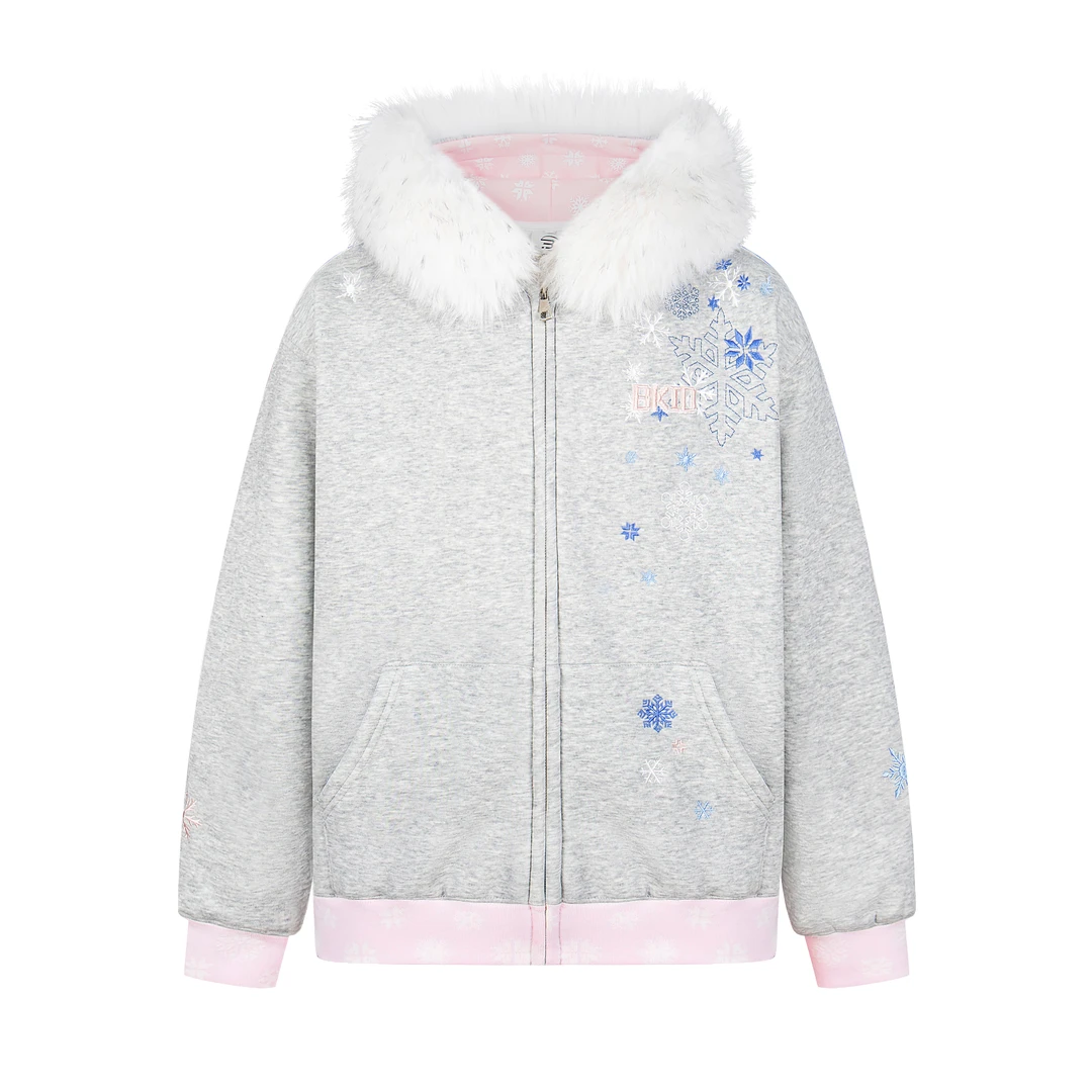 SREK美式雪花刺绣连帽开衫卫衣女秋冬加绒毛领外套宽松拉链上衣