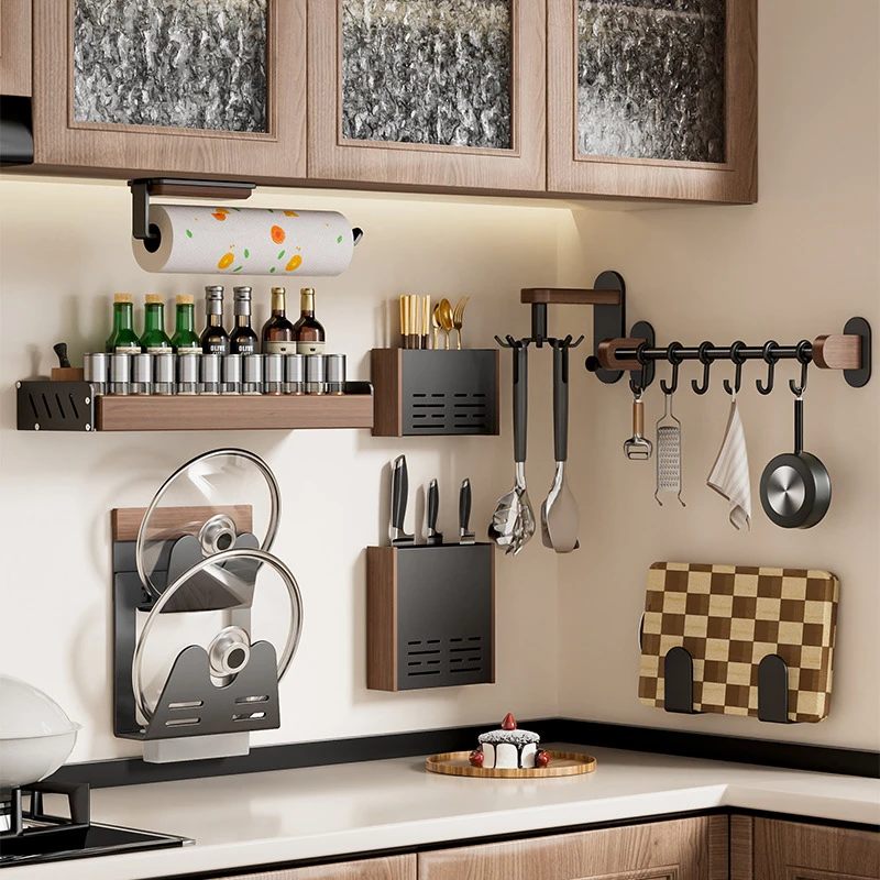 胡桃木厨房调料架壁挂式实木多层收纳架免打孔刀架筷勺调料置物架