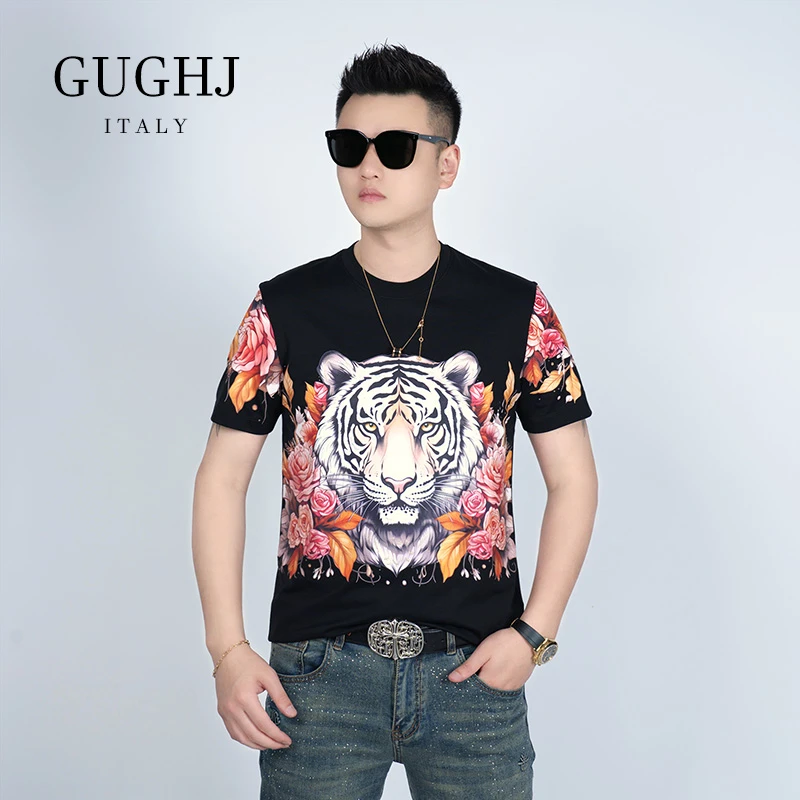 男士2025夏季新款个性虎头印花烫钻休闲t恤潮流修身百搭圆领短袖