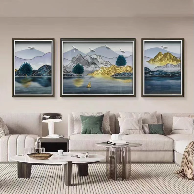 Q193富水金山羽毛轻奢客厅沙发背景墙高端三联钢化玻璃装裱实物画