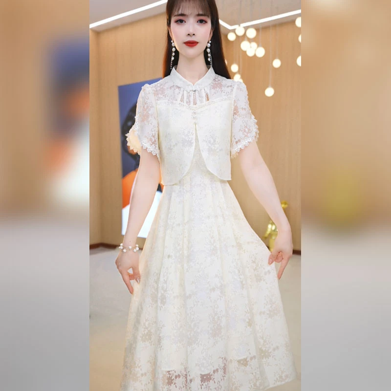 玖慕新中式印花连衣裙女2025新款夏显瘦减龄优雅复古假两件a字裙