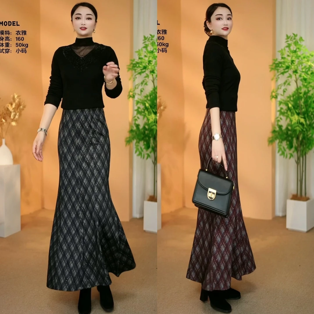 【衣雅严选】8120-2731#新款气质烫金满天星高腰中长款鱼尾半身裙