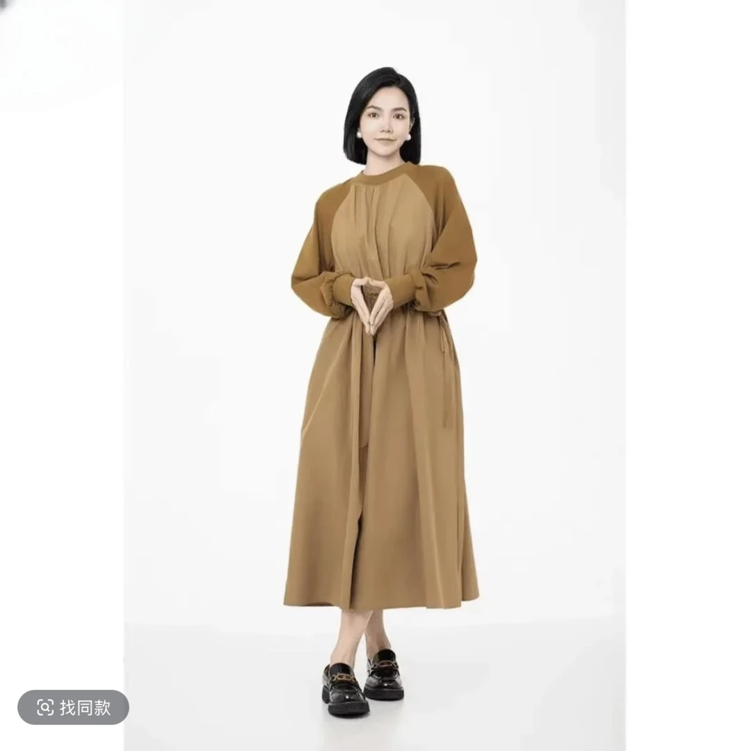 【阿玛施】早秋新款复古风圆领连衣裙长袖收腰拼接时尚 5500555