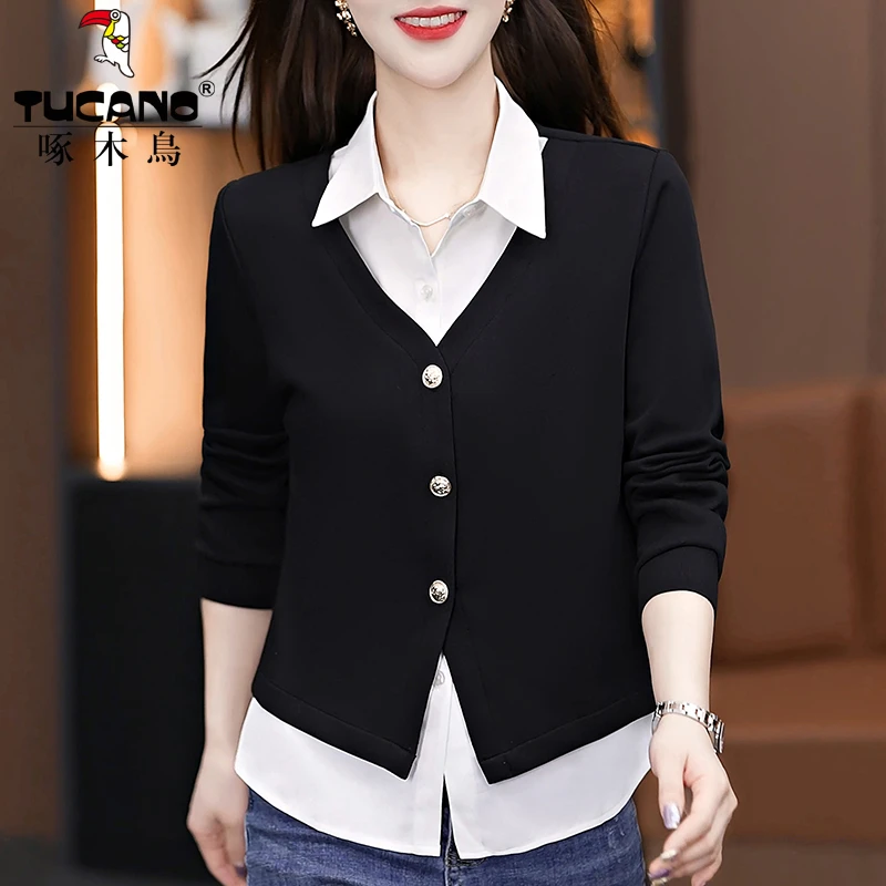 啄木鸟假两件衬衫女长袖2025年春季新款时尚气质漂亮衬衣拼接上衣