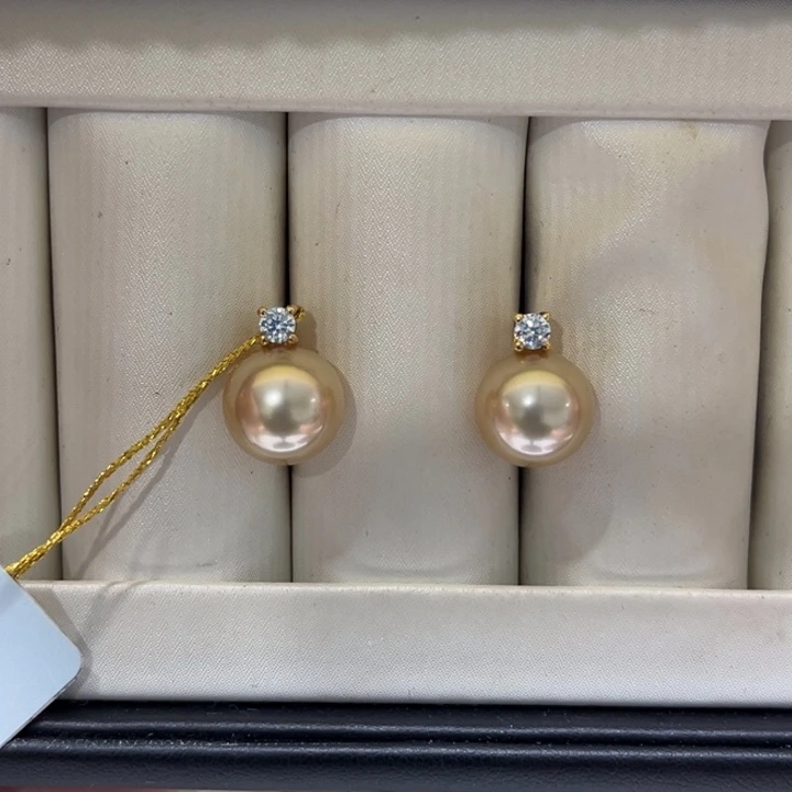 18K金镶嵌耳饰海水珍珠金珠10-11m 114号