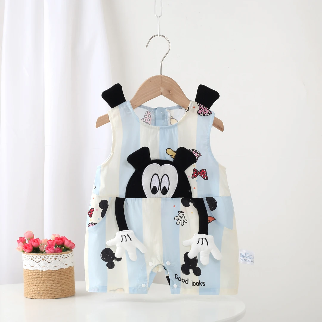 婴幼儿夏季新款害羞米奇无袖连体可爱卡通无袖男宝外出爬服