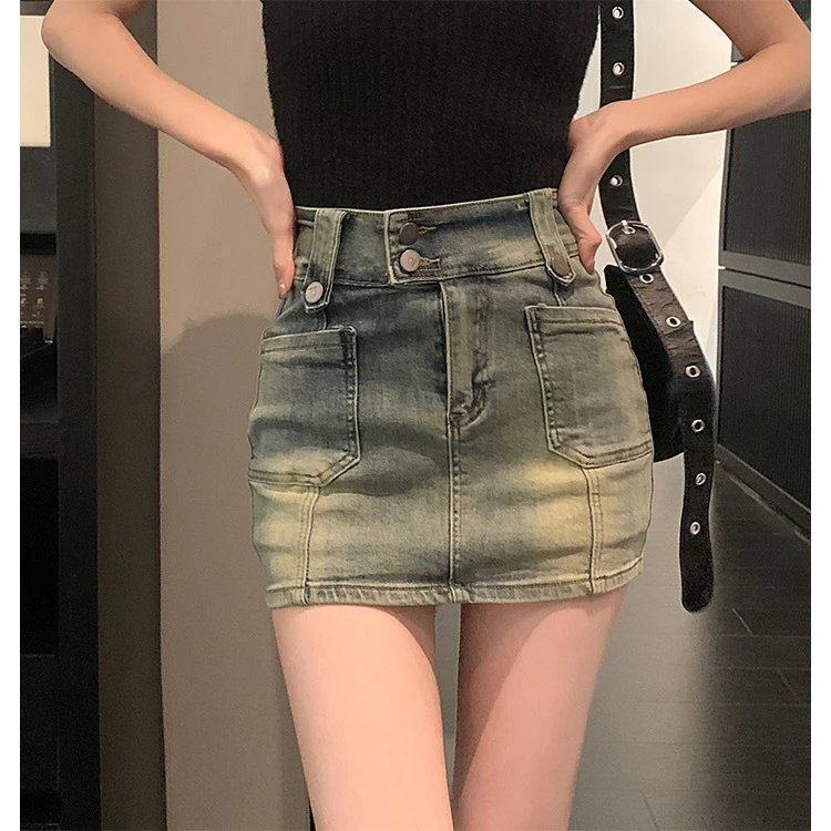 辣妹高腰短裙复古牛仔半身裙女春季防走光裙裤半裙小个子包臀裙子