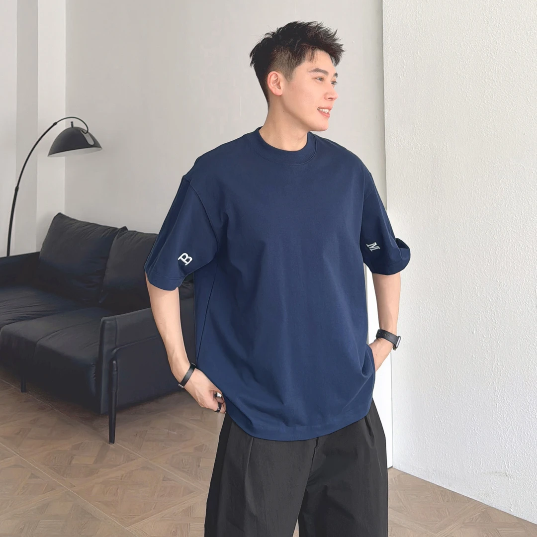 渣渣鹿ins重磅320g纯棉短袖T恤男夏季美式潮牌休闲痞帅刺绣五分袖