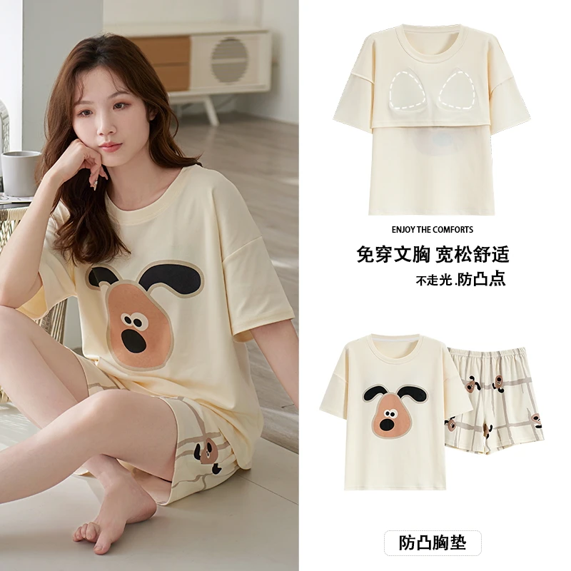 纯棉带胸垫睡衣女士夏季爆款短袖短裤夏天薄款免穿卡通大码家居服