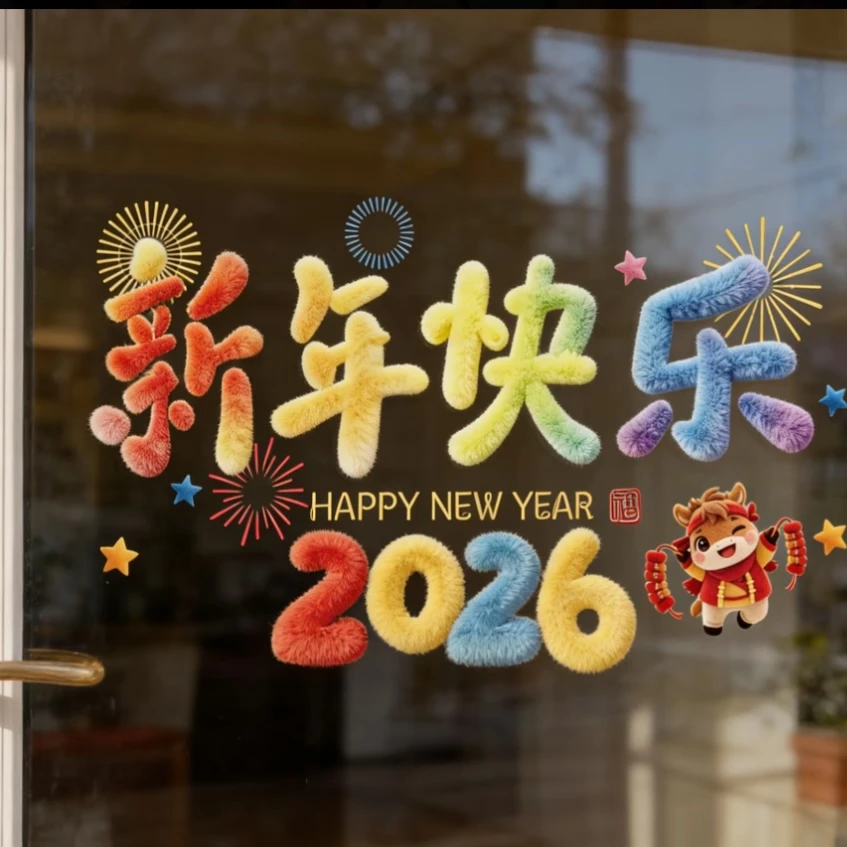 【5D立体印刷】新款玻璃马年装饰品静电贴窗花年画橱窗贴