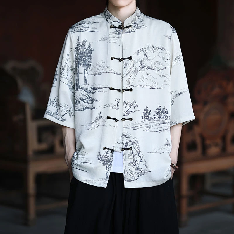 新中式冰丝垂感滑料短袖衬衫夏季新款中国风男装唐装高级汉服上衣