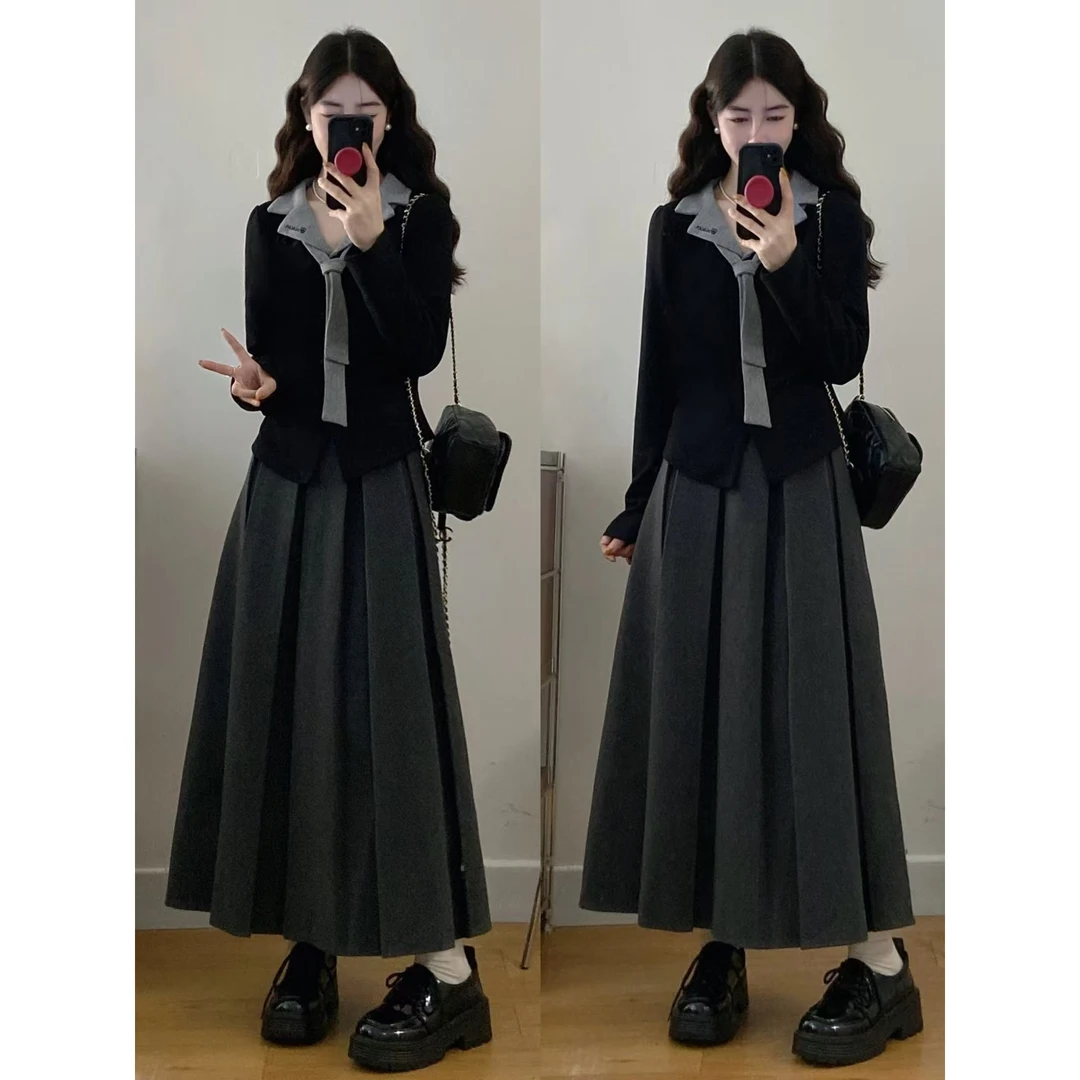 胖mm宽松大码女装假两件刺绣翻领上衣搭配百褶长裙套装图片色聚酯