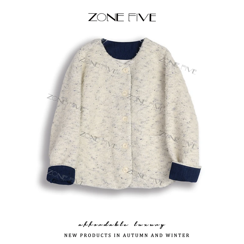 【zonefive】撞色小香风圆领单排扣羊羔毛外套女欧货秋季时尚上衣