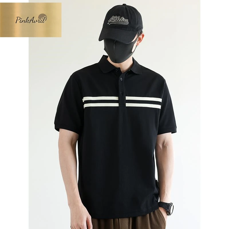 PinkAvril2025新款高级感拼接款polo衫男士短袖T恤潮流微宽松翻领