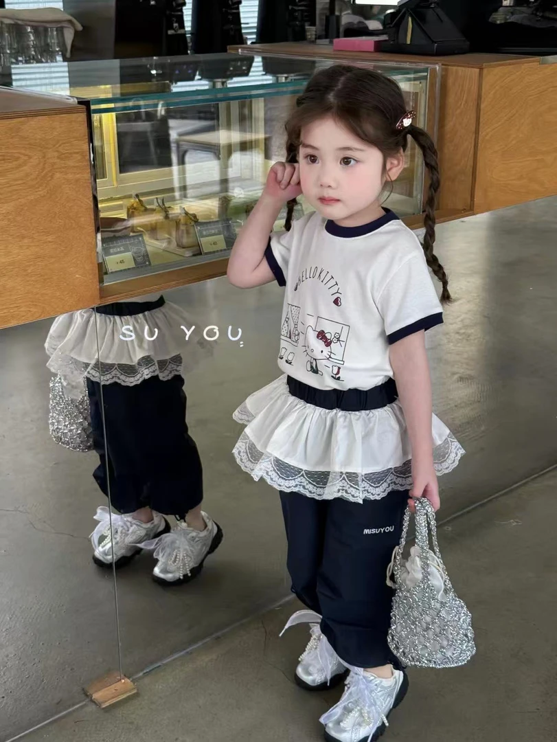 【苏右】女童夏款HelloKitty短袖藏青色工装裤带屁帘