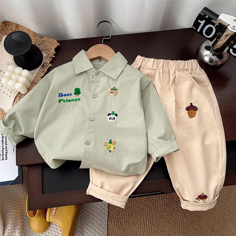 25新款刺绣洋气衬衫长袖休闲风宝宝春秋学院中性秋款卡通男宝套装