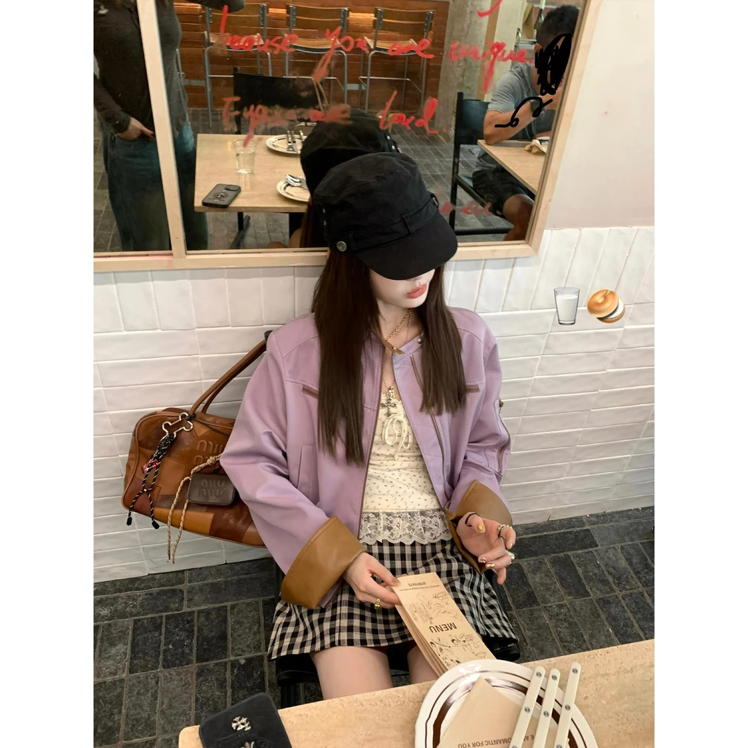 韩系复古拼接棕紫色皮外套短夹克女秋季2025宽松百搭撞色长袖上衣