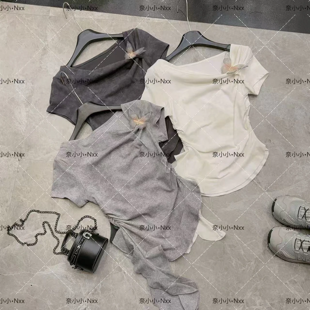 2025时尚夏季立体蝴蝶美式斜领短袖T恤女扎染不规则小众设计上衣