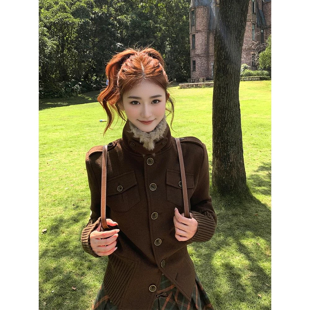 美拉德复古气质咖色毛领短款外套秋季美式老钱风保暖正肩夹克上衣