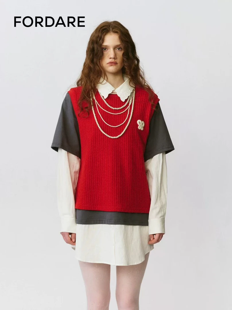 FORDARE/福蝶25早秋毛织背心假两件衬衣连衣裙1399