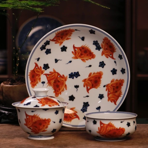 景德镇青言雅玩纯手工手绘青花矾红描金鳜鱼纹壶承盖碗主人杯陶瓷