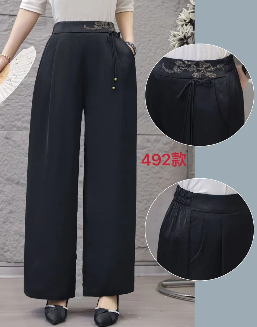 高品质珍珠缎,夏款显瘦高腰宽松阔腿裤时尚百搭休闲裤腰间提花