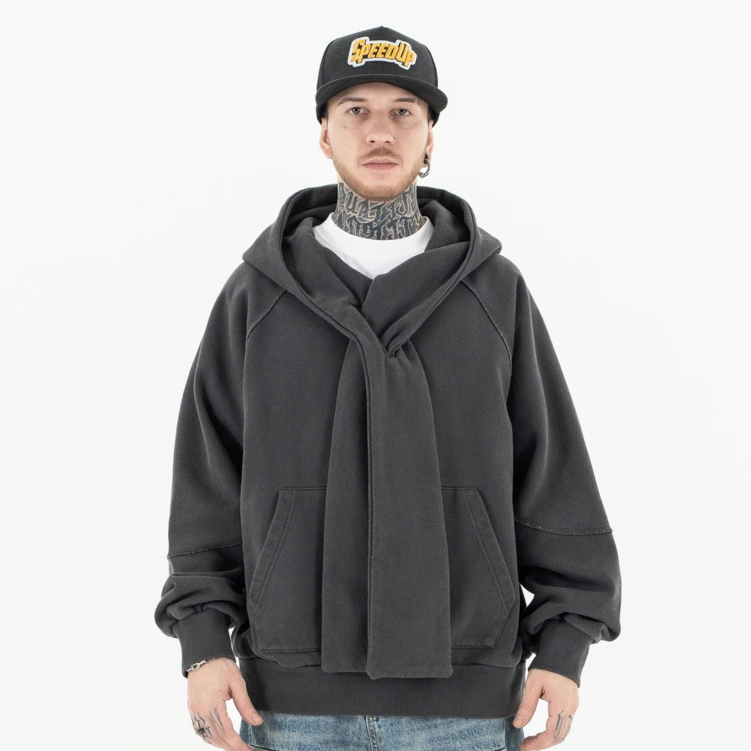 交叉领带设计插肩卫衣巴黎纯色休闲百搭加绒连帽卫衣F232