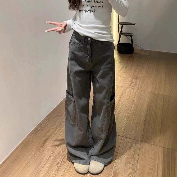 灰色阔腿工装裤子女2025夏季新款宽松梨型身材高腰显瘦直筒牛仔裤