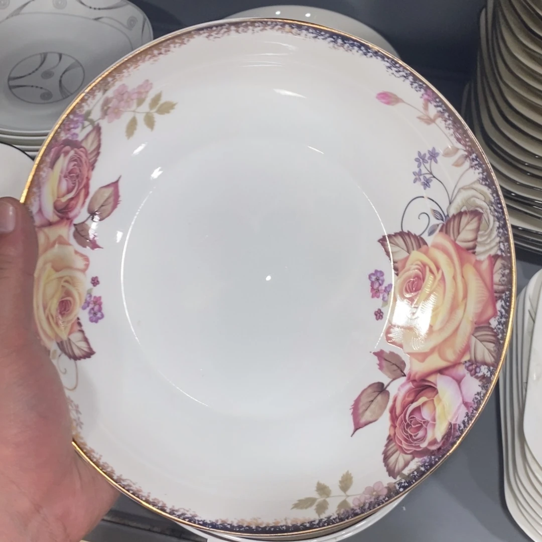 碟152号3个装金边紫色蔷薇花9寸深圆盘