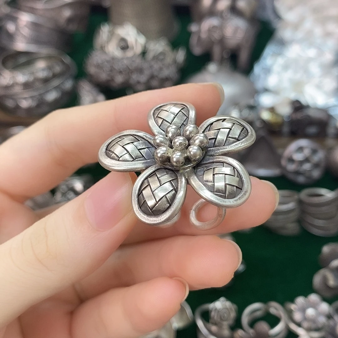 无合金925纯银泰国纯手工可调节编织花朵戒指