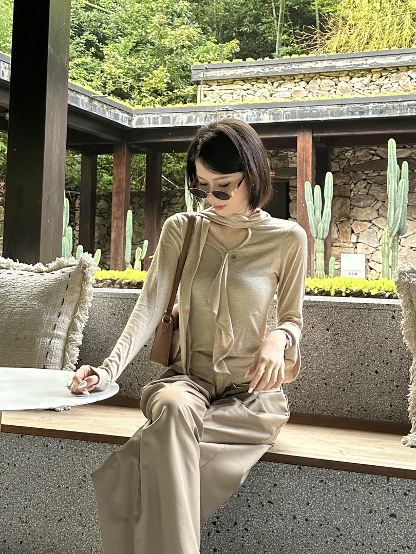 YERUNLU新款不对称荷叶边飘带镂空T恤针织衫女时尚百搭2025