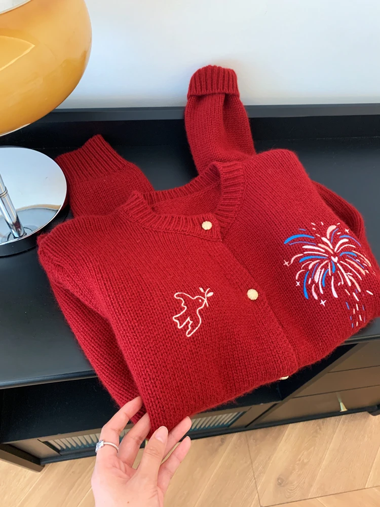 红色针织开衫毛衣外套女可外穿内搭设计感打底衫上衣高级感本命年