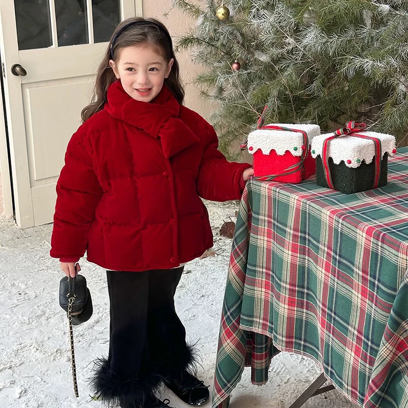 韩版洋气女童方格绒面棉服冬季新款丝绒保暖加厚新年外套喇叭裤套