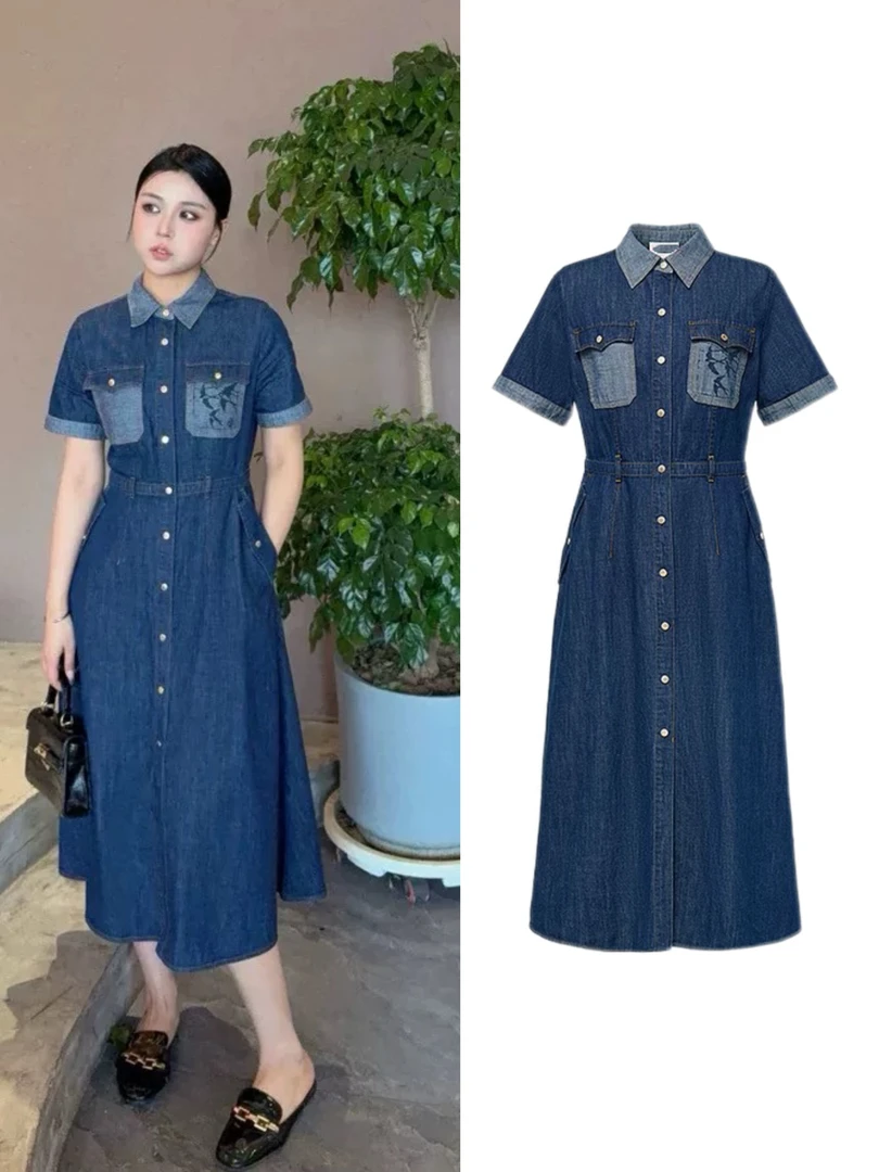 W-1378【雅】春夏新款 时尚翻领短袖收腰土耳其牛仔连衣裙女