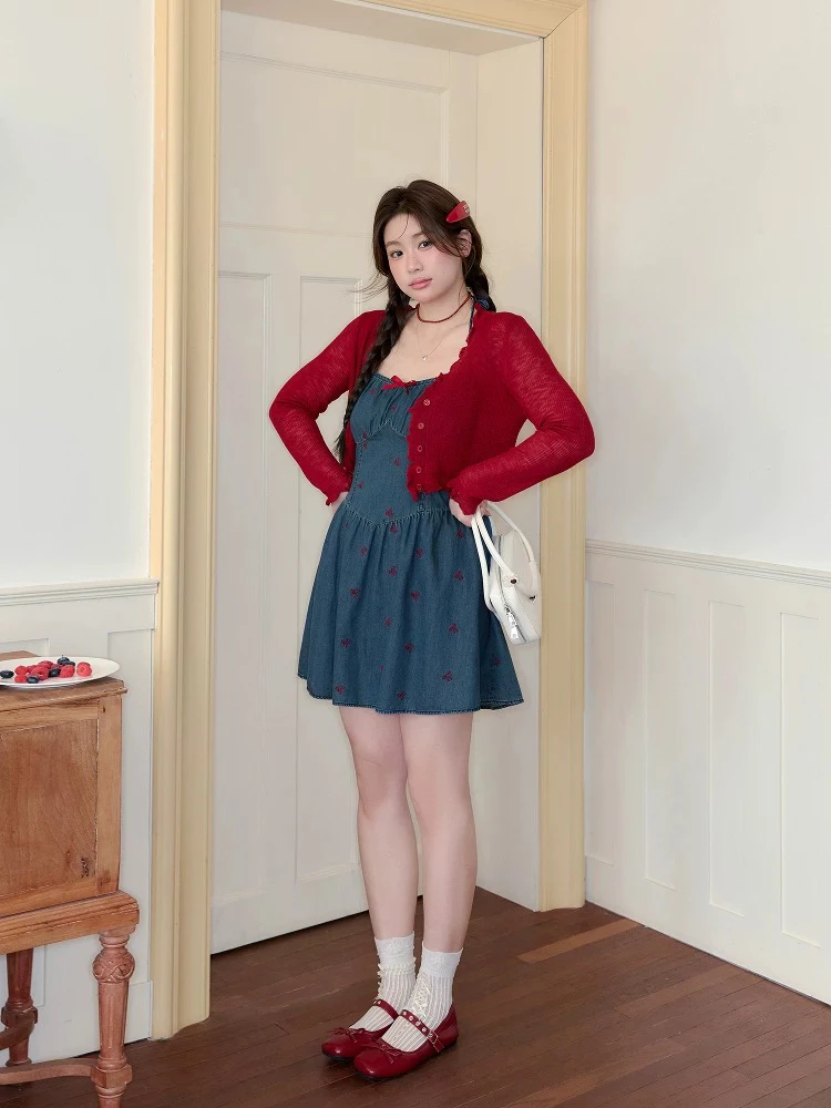 大码女装胖妹妹mm显瘦牛仔吊带裙甜辣风遮肉开衫套装夏