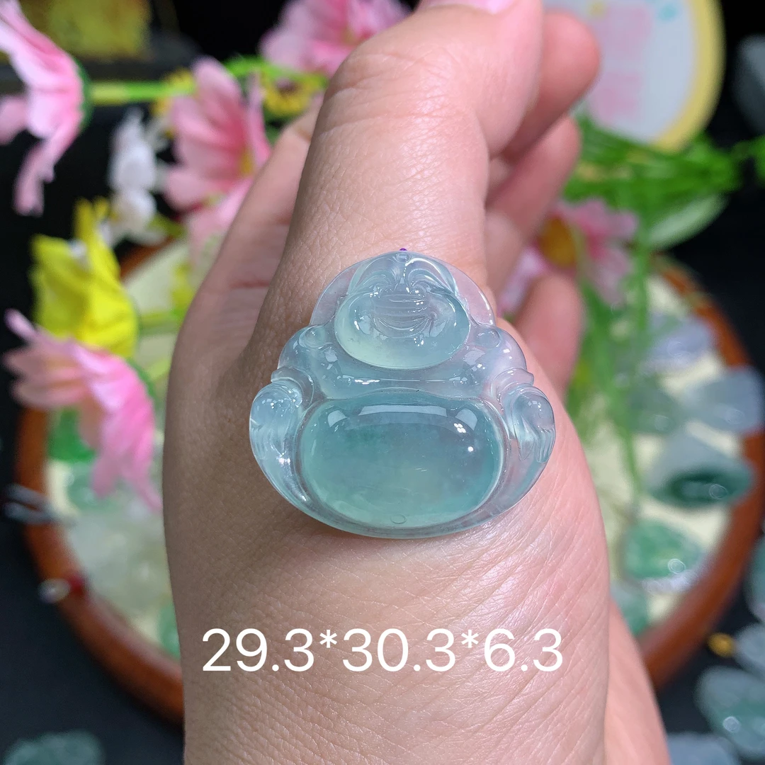 缅甸翡翠A货冰种蓝底佛公O吊坠挂件水润百搭冰透玉冰高冰妈妈雕刻