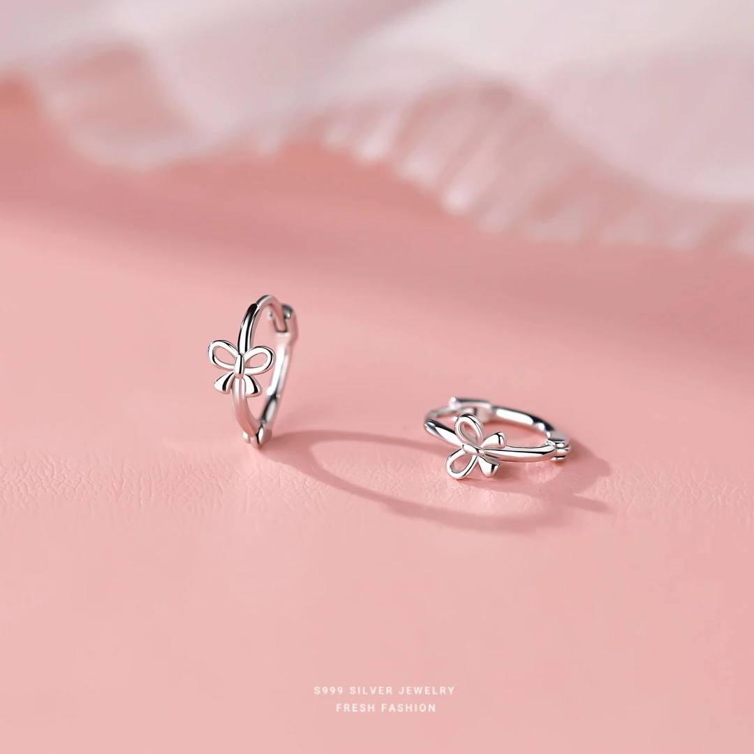 足银耳饰 甜美镂空蝴蝶结耳环女999纯银时尚小众设计耳扣百搭小巧