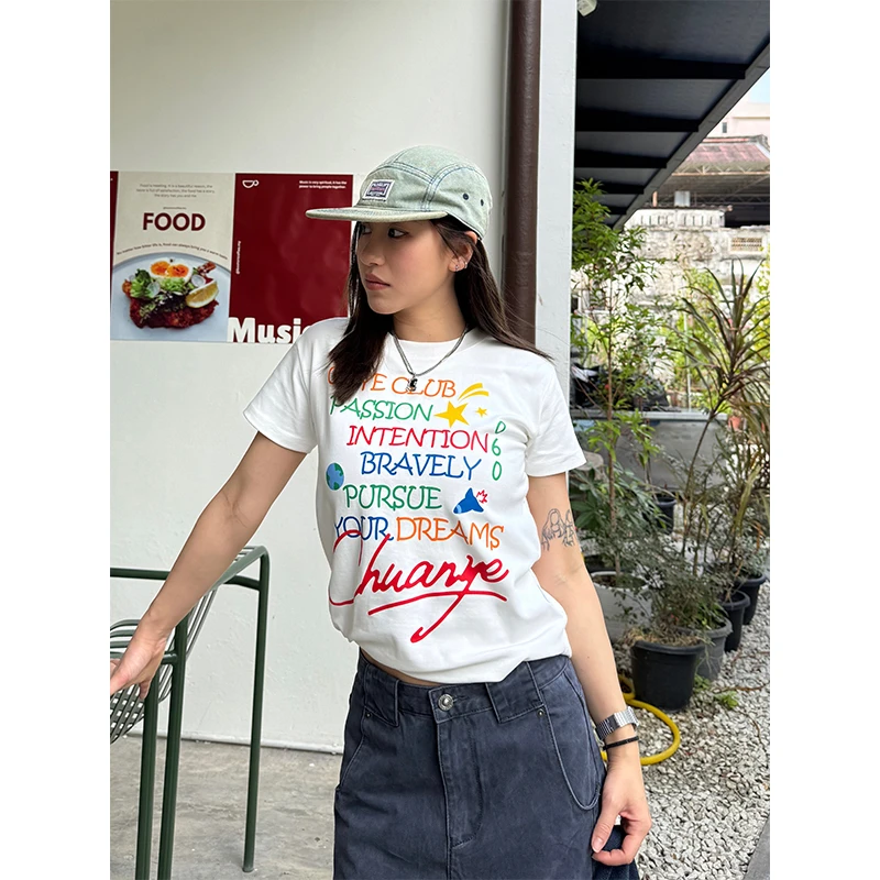 CCYE川川也美式复古原创正肩短袖修身圆领上衣印花彩色字母t恤