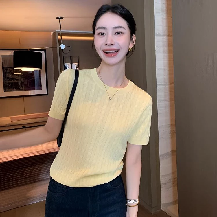 Maven Lin 云上天丝 基础版麻花短袖针织衫女气质上衣宽松圆领t恤