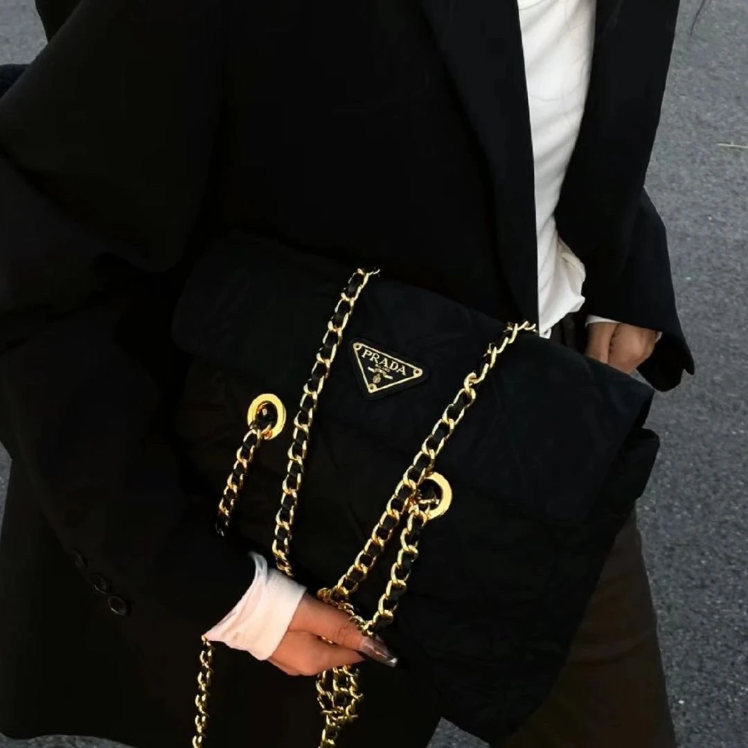 修复品619128/Prada/普拉达黑金翻盖降落伞30包