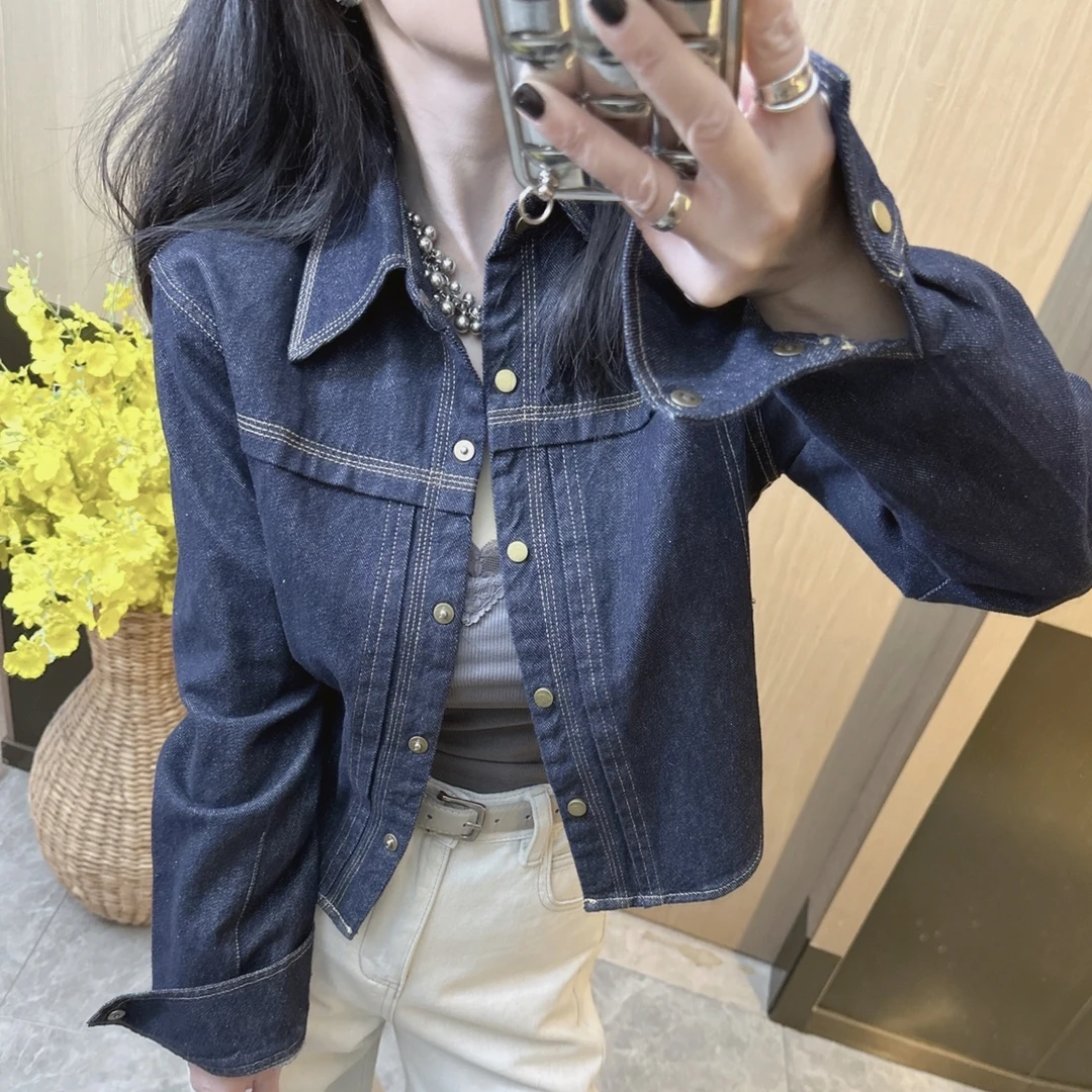 欧货高级感复古时尚显瘦气质翻领走线牛仔外套女