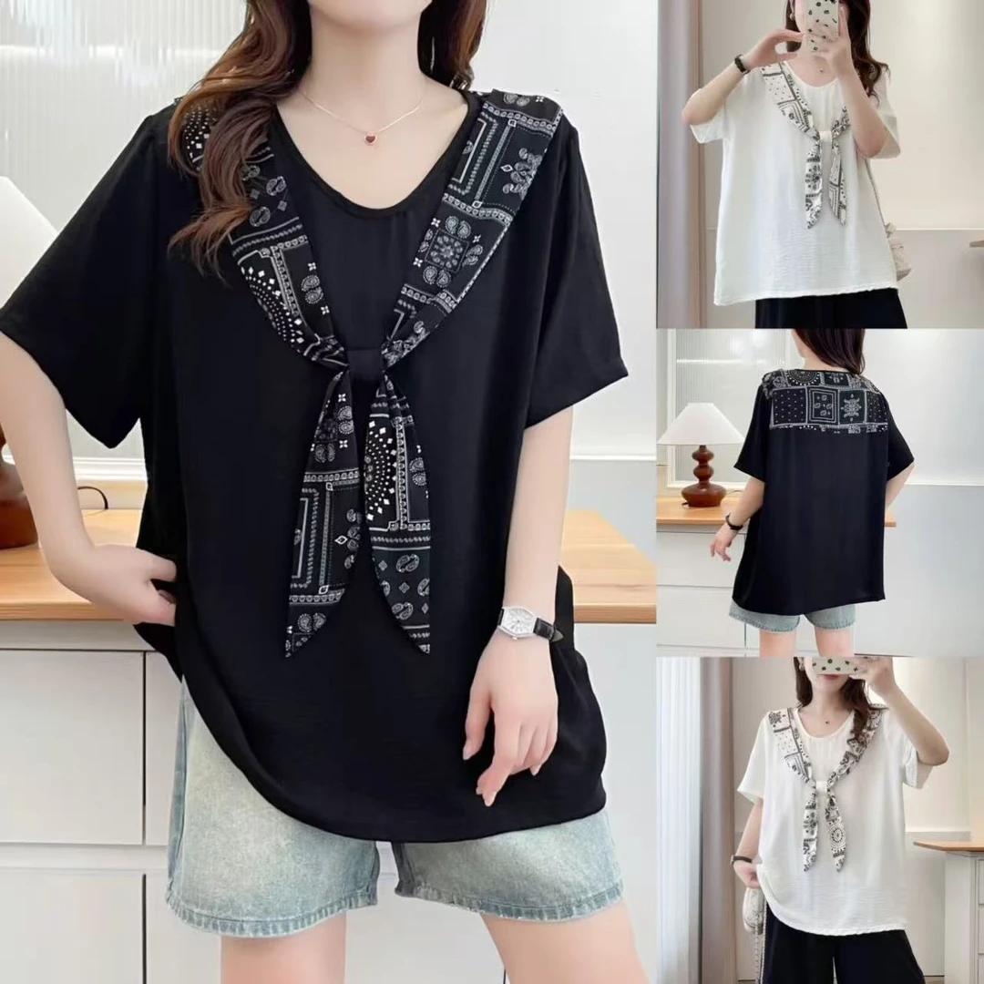 微胖大码女装洋气海军领披肩短袖中长款拼接假两件法式宽松T恤