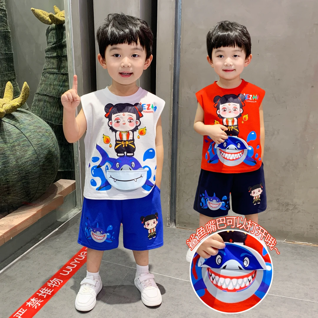 哪吒男童夏季背心套装2025新款洋气儿童卡通衣服小男孩休闲两件套