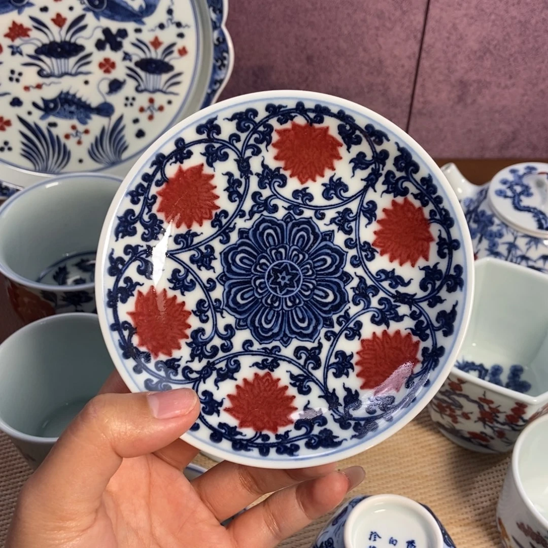 陶阳春白雪釉里红双勾缠枝莲杯垫