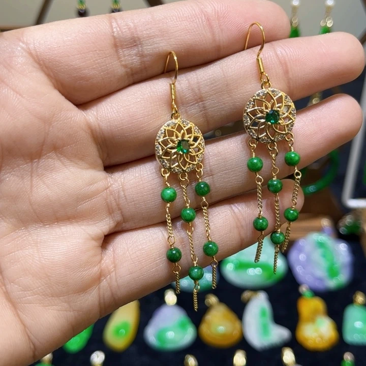 翡翠耳饰银S925镀金镶嵌耳饰