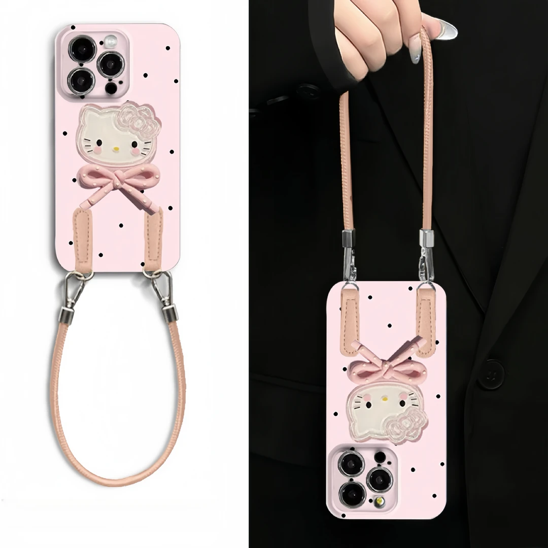 少女粉波点kitty挂绳适用苹果16/15菲林手机壳华为vivo小米oppo套