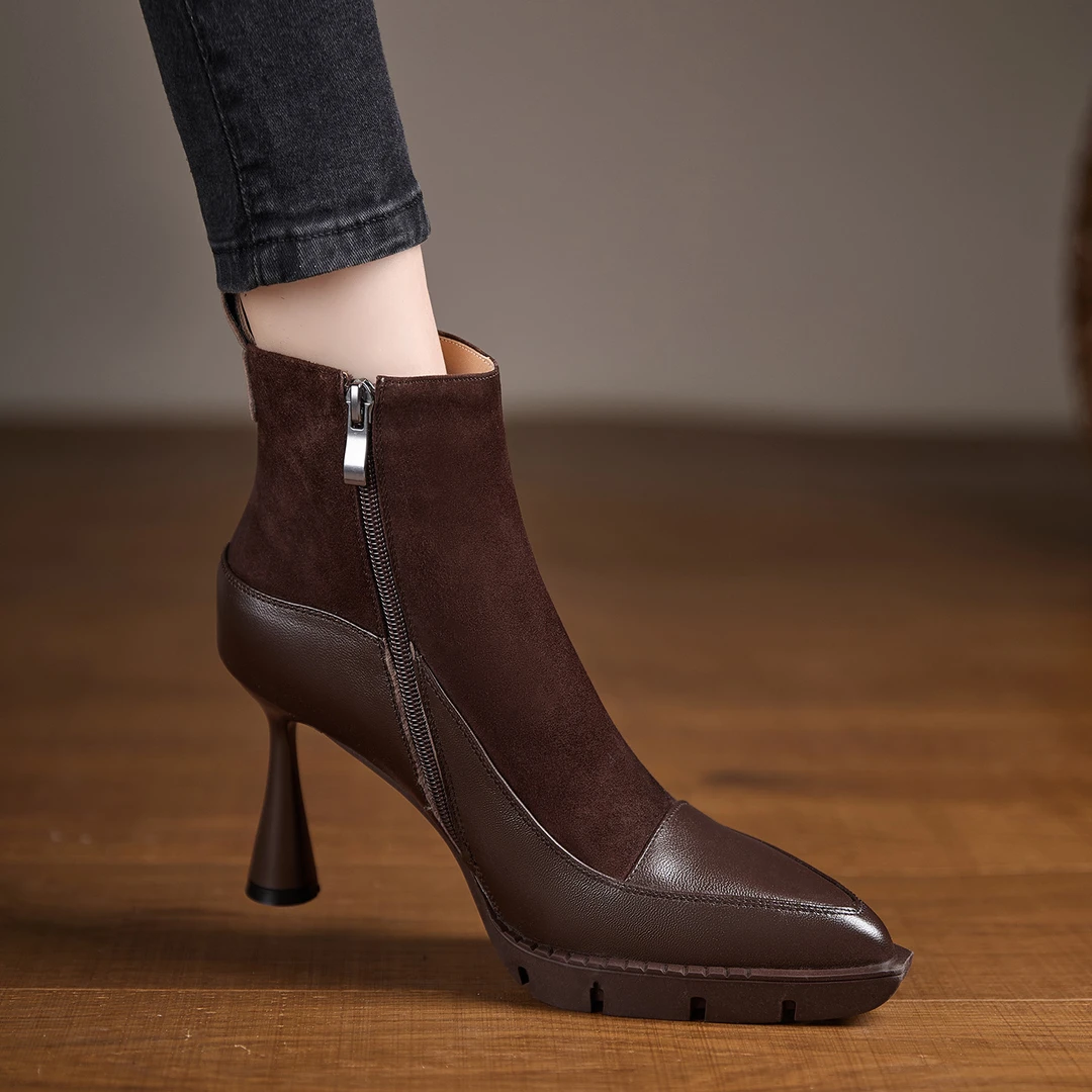 小个子增高8.9cm~美拉德靴子防水台不累脚短靴女拼接高跟时装靴女